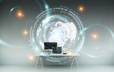 Workplace with modern devices and hologram screens 3D rendering