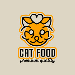 Logo on the theme of food for cats. The head of the cat, heart. Vector illustration. Line style.