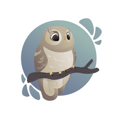 Vector cartoon art. Forest animals. Beautiful owl sitting on branch
