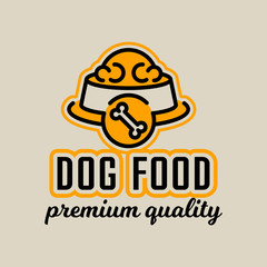 Logo on the theme of food for dogs. Bowl full of pet food. bones sign. Vector illustration. linear style