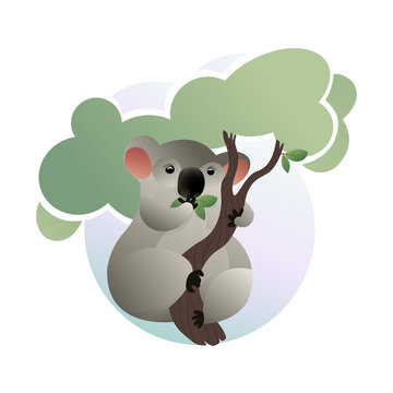 Cartoon scene of cute koala eating green leaves on tree