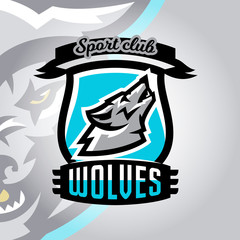 Colorful logo, emblem, a wolf howling at the moon, a dangerous predator of the forest. Vector illustration, dynamic and sport style, printing on T-shirts