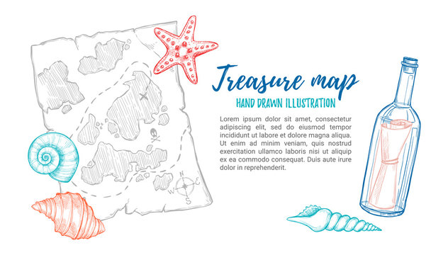 Hand drawn vector illustration - treasure map with sea shells, starfish and bottle. Design elements in sketch style. Perfect for invitations, greeting cards, posters, prints, banners, flyers etc
