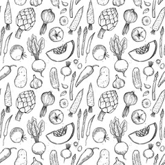 Fototapeta premium Hand drawn vector seamless pattern - vegetables (carrots, potatoes, tomatoes, asparagus, artichoke).Design elements in sketch style. Perfect for invitations, greeting cards, posters, packing, textile