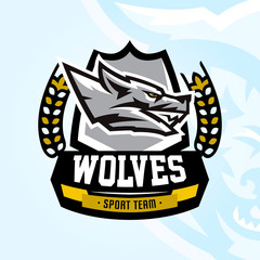 Colourful emblem, logo, sticker, aggressive wolf ready to attack, grin, growling predator. Vector illustration, sports style, printing on T-shirts.