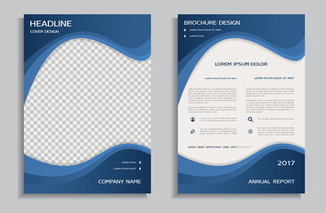 Blue flyer design template with wavy background, front and back brochure page