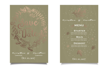 Save the date. Green vintage invitation with golden floral print 