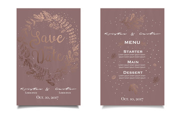 Save the date. Beautiful vintage invitation with golden floral print 