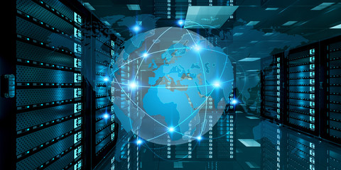 Earth network flying over server room data center 3D rendering