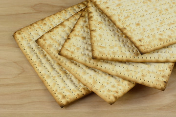 Stack of kosher egg matzo bread on wooden table