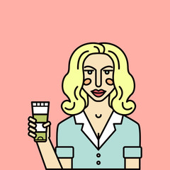 Beauty consultant. Vector personage. Woman consultant shows beauty product.