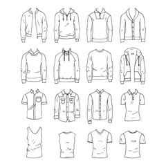 Hand drawn vector clothing set. 16 models of trendy men’s tops.