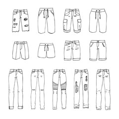 Hand drawn vector clothing set. 13 models of trendy men’s shorts and jeans.