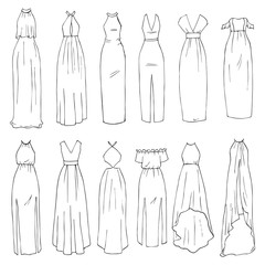 Hand drawn vector clothing set. 12 models of trendy maxi dresses.  - obrazy, fototapety, plakaty