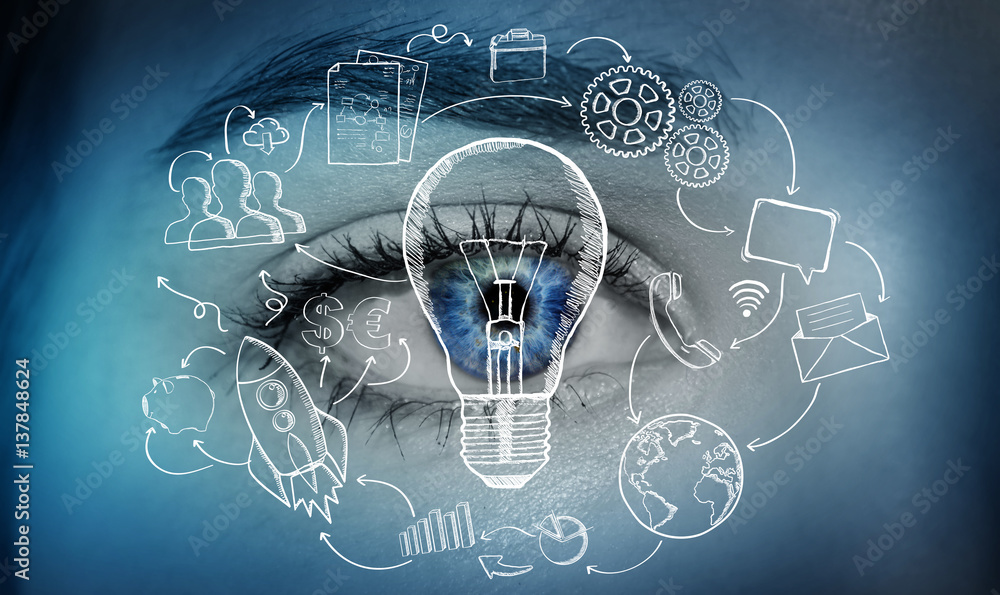 Poster close-up of woman eye with hand drawn project 3d rendering