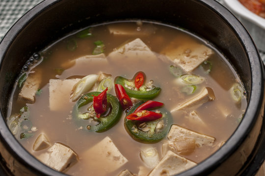 Macro image of Denjang soup.