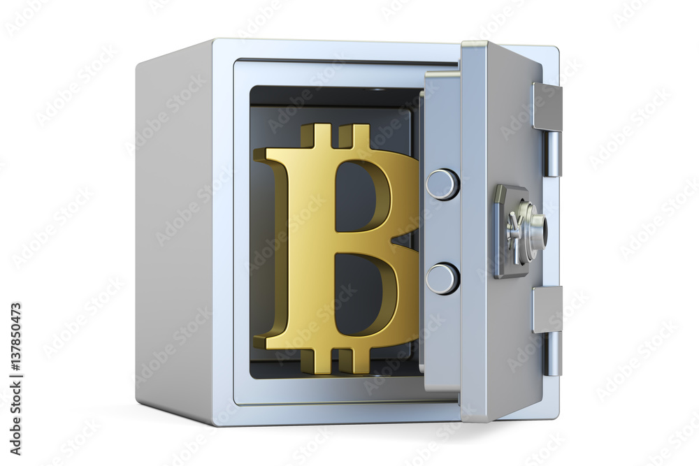 Poster combination safe box with symbol of bitcoin, 3d rendering