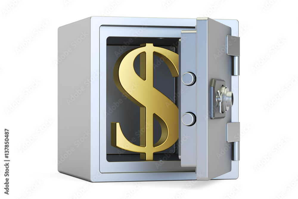 Poster combination safe box with symbol of dollar, 3d rendering