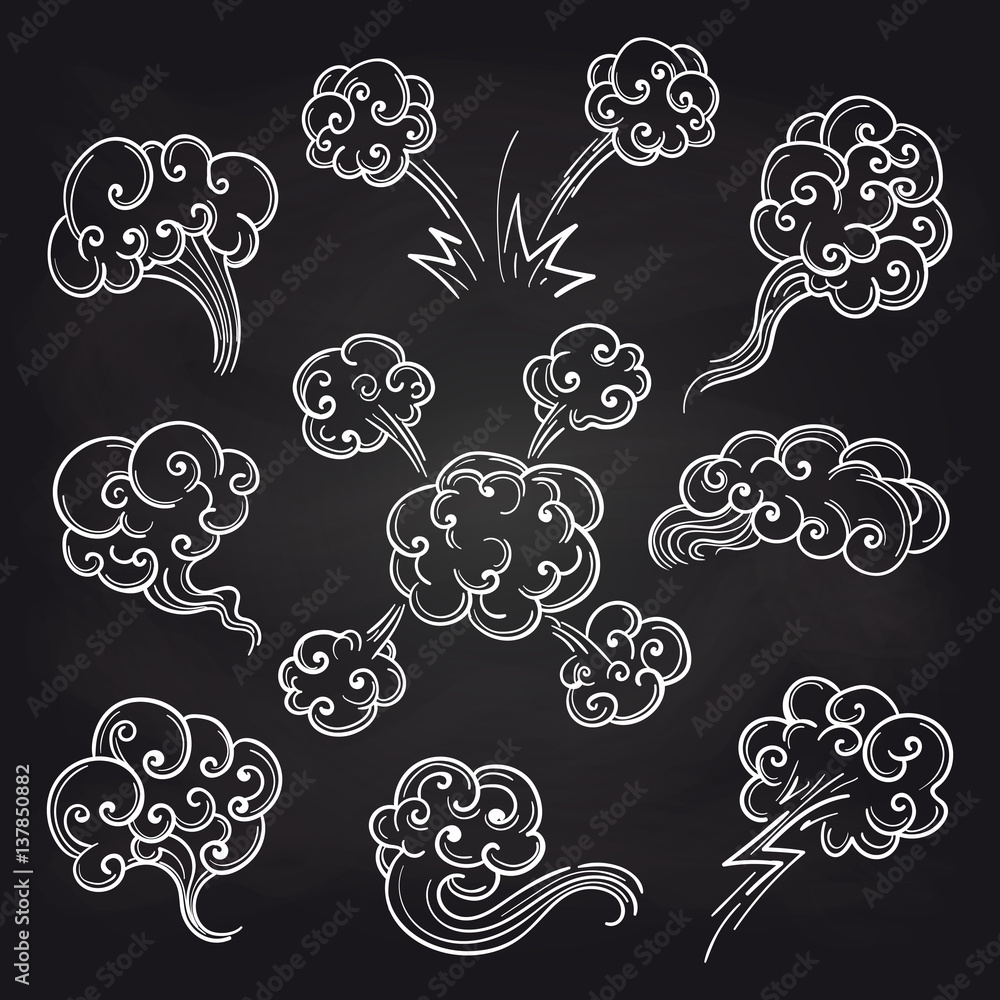 Wall mural retro sketch of steam and clouds on blackboard background. vector illustration
