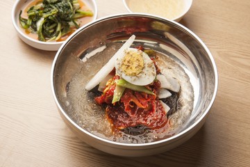 kodari naengmyeon. korean style cold noodles with Braised Pollack