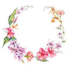 Exotic round frame, flowers, twigs and leaves.