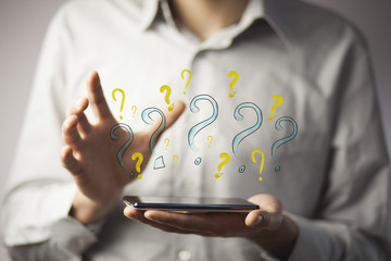 man hand phone with question marks