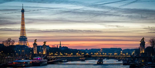 Photo sur Plexiglas Pont Alexandre III Paysage urbain de Paris avec Tour Eiffel et Pont Alexandre III au crépuscule