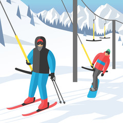 Snowboarder sitting in ski gondola and lift elevators winter sport resort snowboard people rest lifting jump vector illustration mountain