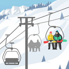 Snowboarder sitting in ski gondola and lift elevators winter sport resort snowboard people rest lifting jump vector illustration mountain © Vectorvstocker