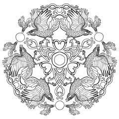 Vector illustration of Celtic ravens viking fantasy ornament black and white 