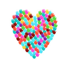 Illustration of big heart shape filled with hands