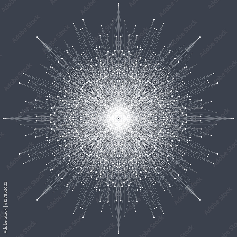 Poster Fractal element with connected lines and dots. Big data complex. Virtual background communication or particle compounds. Digital data visualization, minimal array. Lines plexus. Vector illustration.