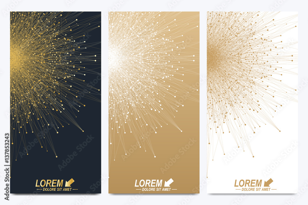 Poster Modern set of vector flyers. Geometric abstract presentation. Molecule and communication background for medicine, science, technology, chemistry. Golden cybernetic dots. Lines plexus. Card surface.