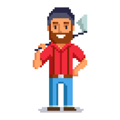 Woodcutter isolated on white background.  Lumberjack pixel game style illustration. lumberman vector pixel art design. funny 8 bit people character icon. 