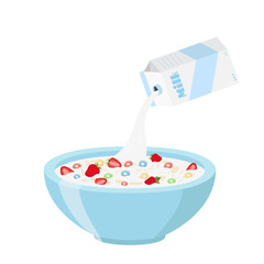 Cereal rings with strawberry, milk in oatmeal breakfast. Organic muesli.