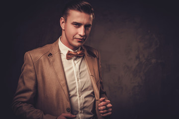 Sharp dressed man wearing jacket and bow tie
