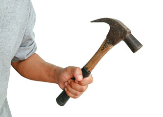 Aggressive human hand holding hammer on white background