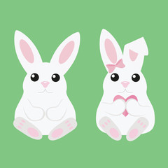 Two white rabbit, a boy and a girl with a heart and bow. Vector, illustration in flat style isolated on green background EPS10.