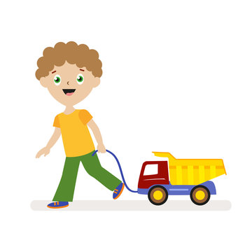 Boy With Toy Car On A String. Small Child On A Walk. Flat Character Isolated On White Background. Vector, Illustration EPS10.