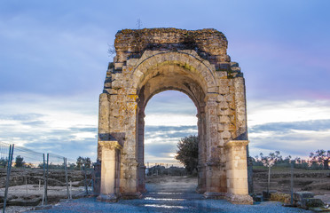 Roman Arch of Caparra at dusk, Caceres, Spain