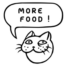 More food! Cartoon Cat Head. Speech Bubble. Vector Illustration. 