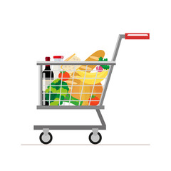 Trolley from the supermarket with food. Dairy products and wine, tomatoes and bread, vegetables and bananas. Vector, illustration in flat style isolated on white background EPS10.