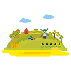 Illustration with farm buildings and a tractor on a green hill. Fields of wheat, sunflowers. Windmill and barn. Summer sunny day. Vector, illustration in flat style isolated on white background EPS10.