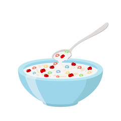 Cereal rings, cherry, spoon and bowl. Oatmeal breakfast with milk