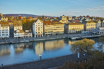 Reflection of City of Zurich in Limmat River, Switzerland