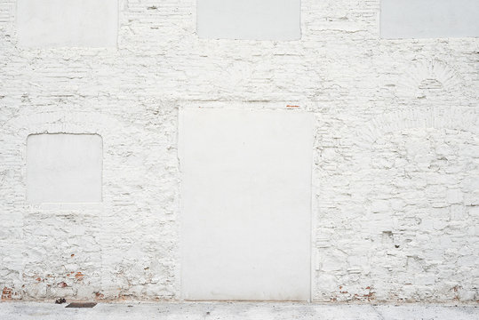 Abstract vintage empty background.Photo of old white painted brick wall texture. White washed brickwall surface.Horizontal mockup. Front side view.