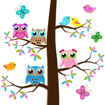 Four owls on a tree with butterflies and birds
