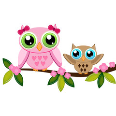 Owl mom and baby on a branch