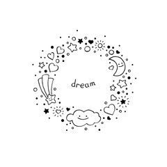 Obraz premium Black and white abstract background in hand-drawn style. Round frame with cloud, stars, hearts, comet and crescent moon. Vector illustration.