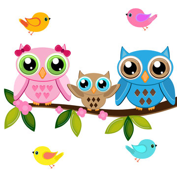two owls with baby on a branch with birds